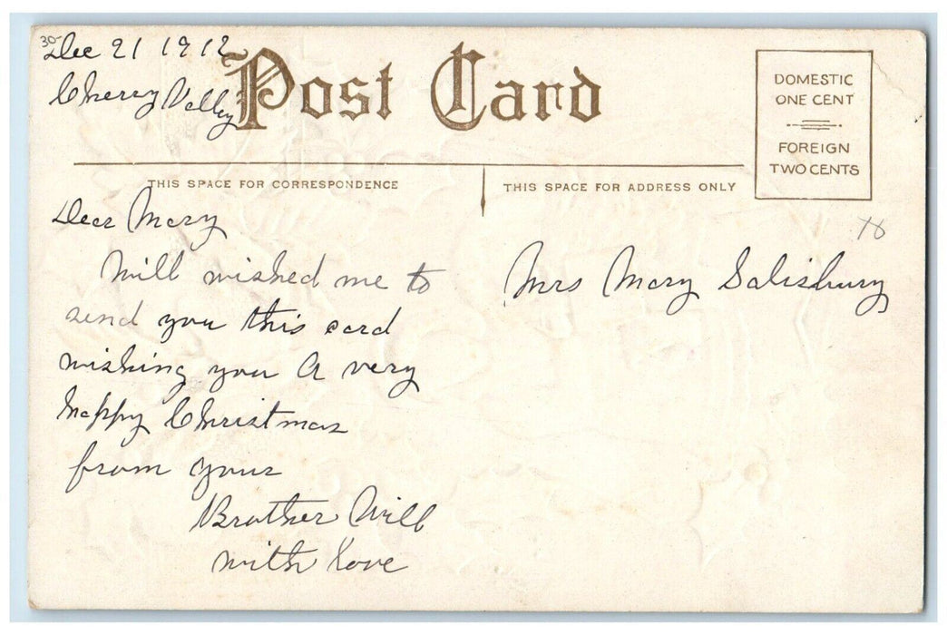 1912 Christmas Girl And Dog Red Flowers Holly Berries Embossed Antique Postcard