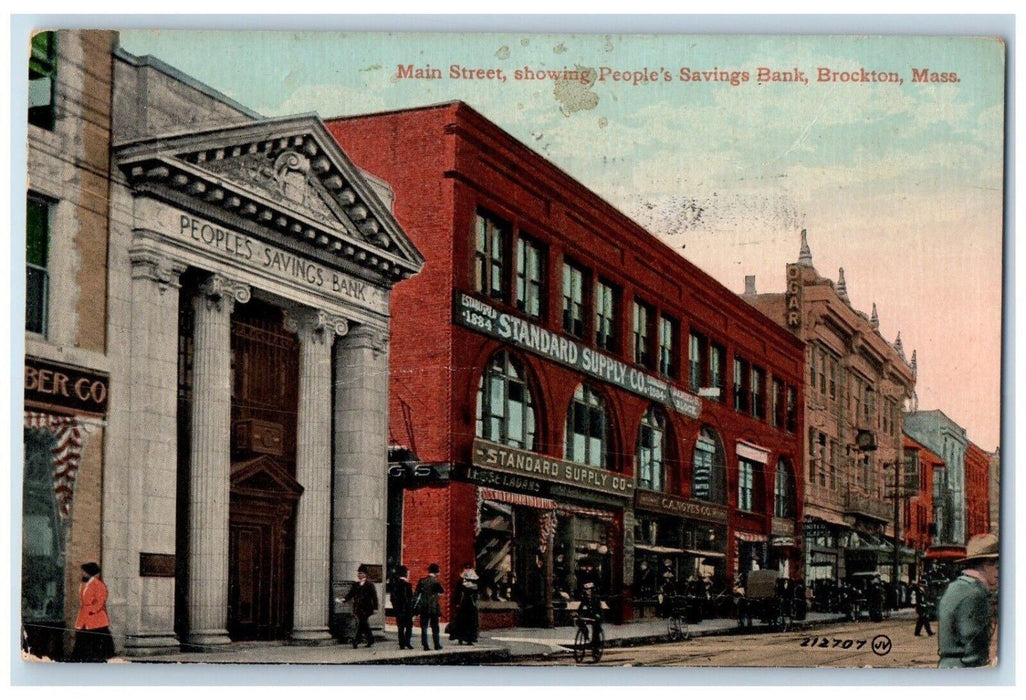 c1910 Main Street Showing People Savings Bank Brockton Massachusetts MA Postcard