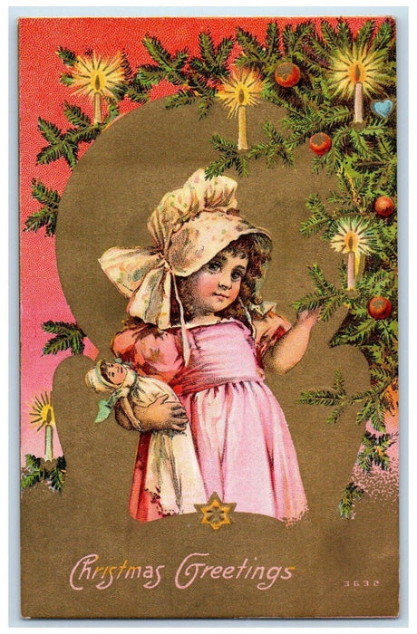 Christmas Greetings Little Girl Doll Christmas Tree Decorated Candles Postcard