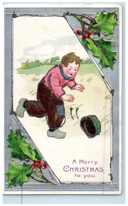 c1910's Christmas Boy Hat Fell Winter Snow Holly Berries Glitter Posted Postcard