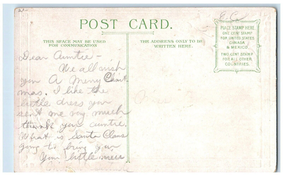 c1910's Christmas Boy Hat Fell Winter Snow Holly Berries Glitter Posted Postcard