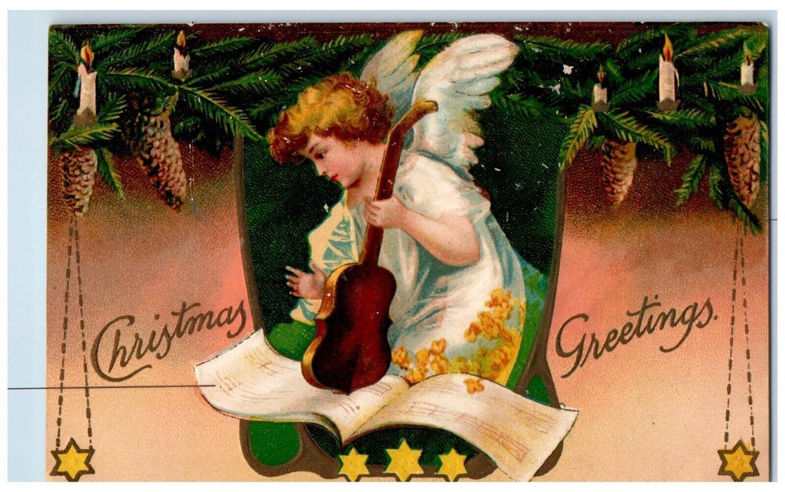 1909 Christmas Greetings Angel Playing Violin Pine Cone Stars Embossed Postcard