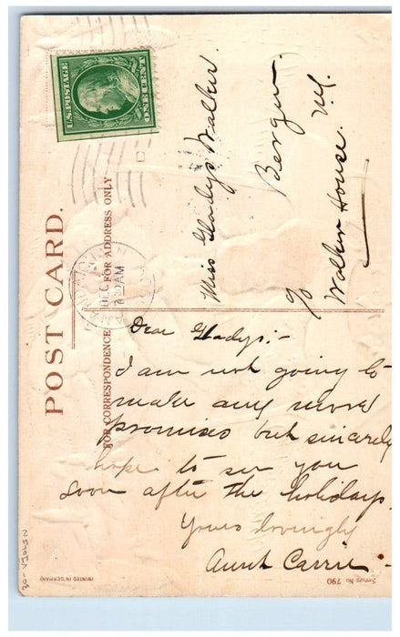 1909 Christmas Greetings Angel Playing Violin Pine Cone Stars Embossed Postcard