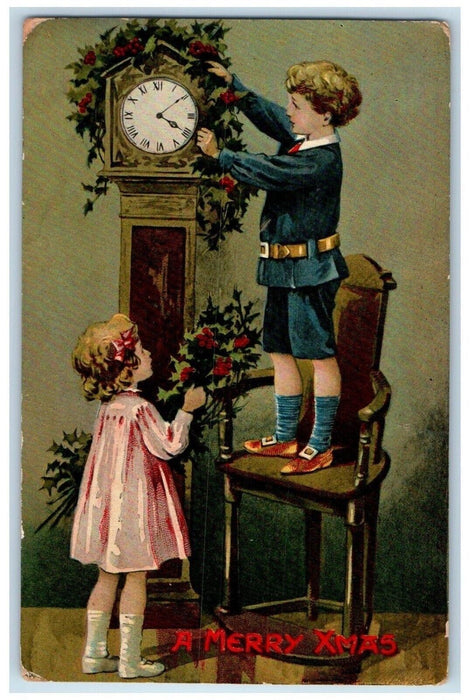 c1910's Christmas Girl Boy Standing Chair Decorating Clock Antique Postcard
