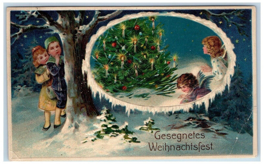 c1910's Christmas Tree Candles Decorated Girl Boy Hiding Tree Embossed Postcard