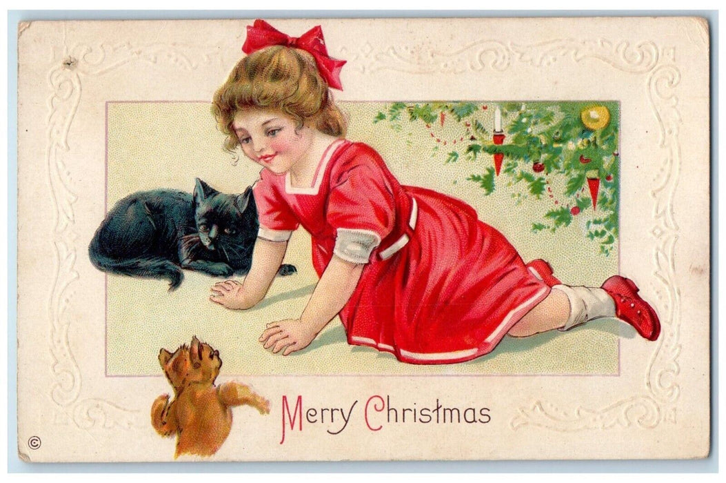 c1910's Christmas Tree Decorated Girl Black Cat Embossed Antique Postcard