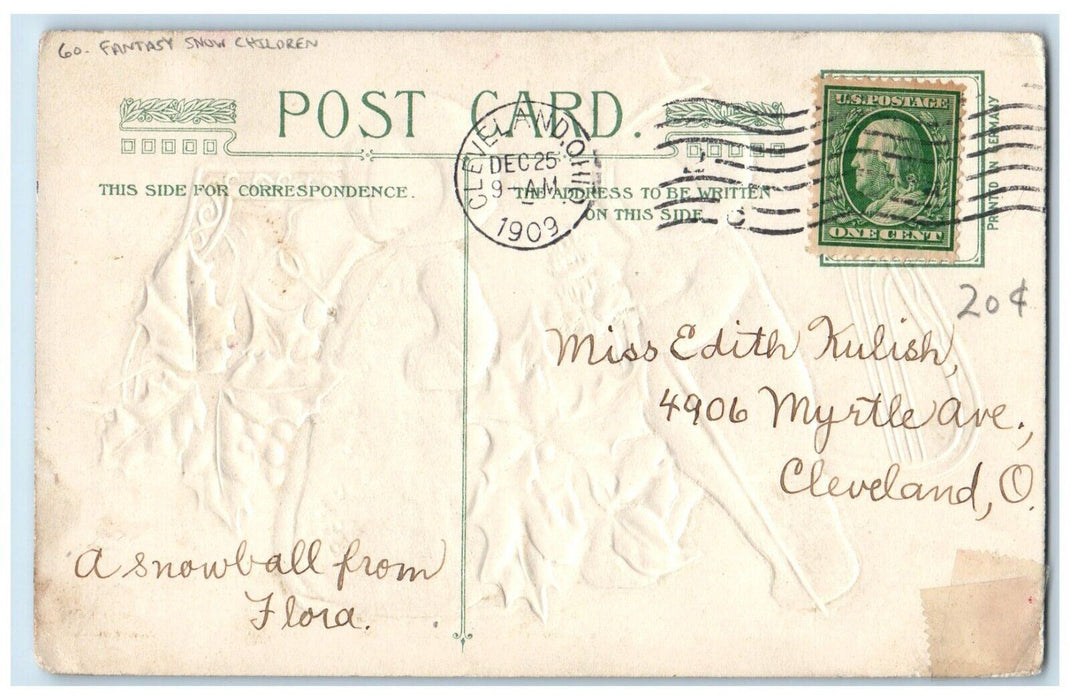 1909 Christmas Fantasy Snow Children Holly Berries Winsch Back Embossed Postcard