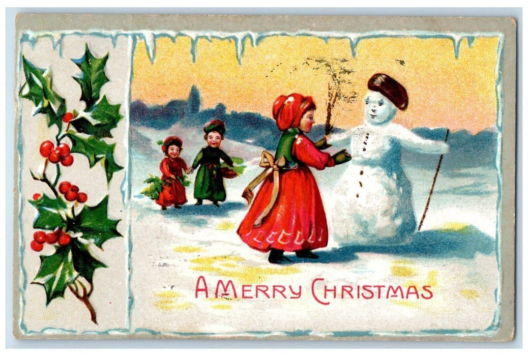 1908 Christmas Snowman Children Holly Berries Winter Snow Embossed Postcard
