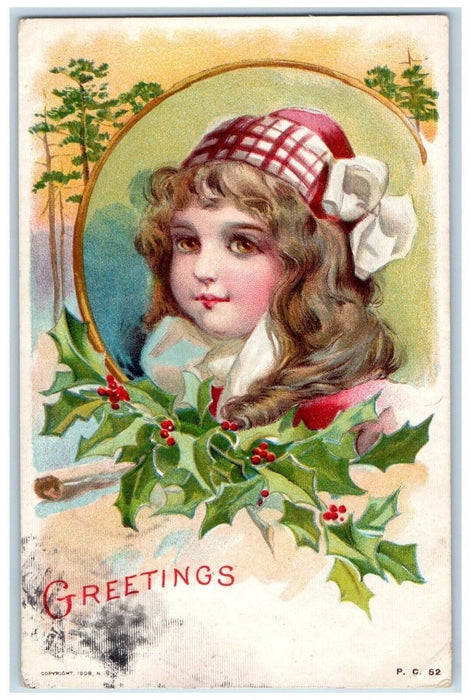 1908 Christmas Greetings Pretty Girl Brown Curly Hair Holly Berries Postcard