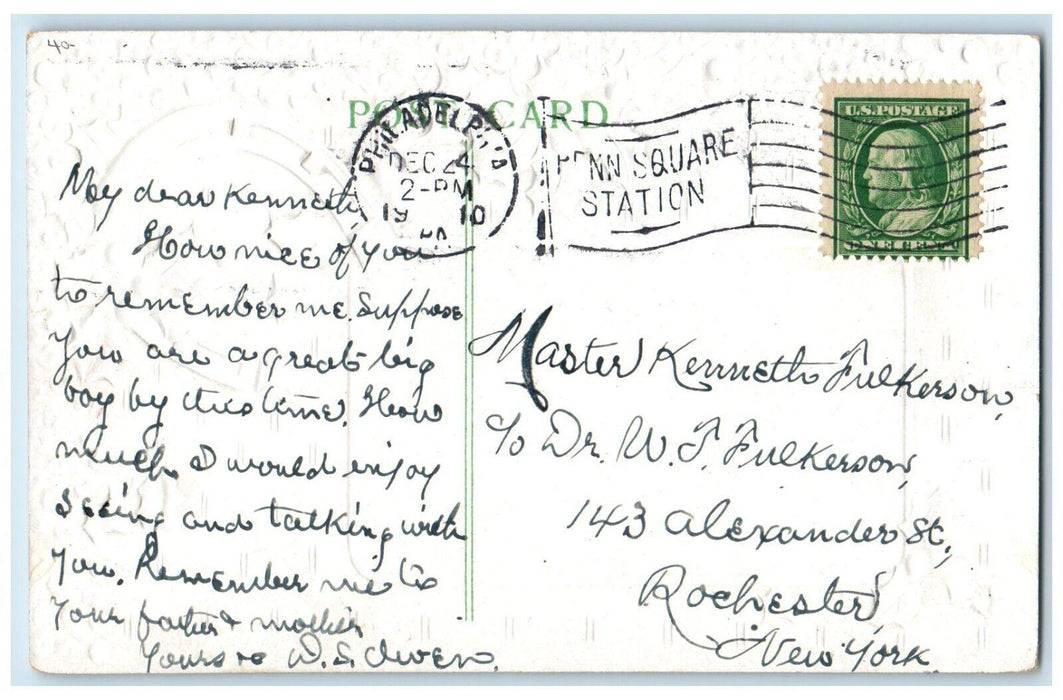 1910 Christmas Children Snowman Horseshoe Holly Berries Embossed Postcard