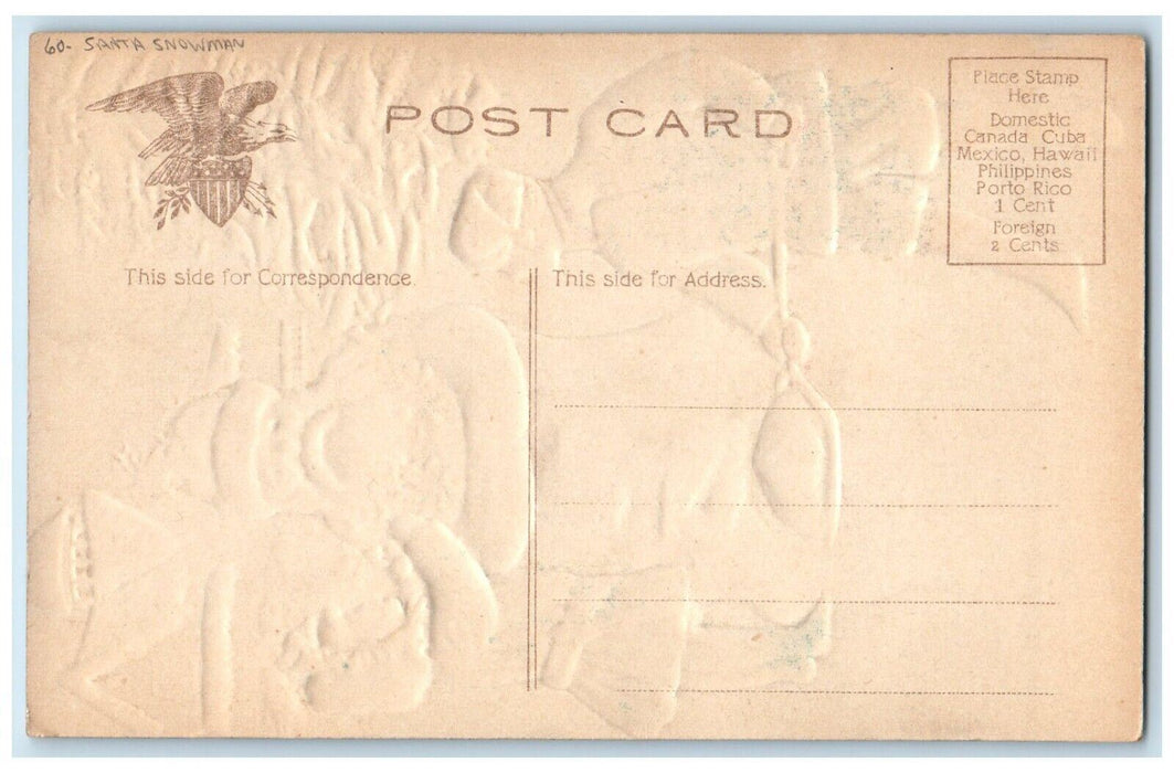 c1910's Christmas Children Santa Snowman Holly Berries Embossed Antique Postcard