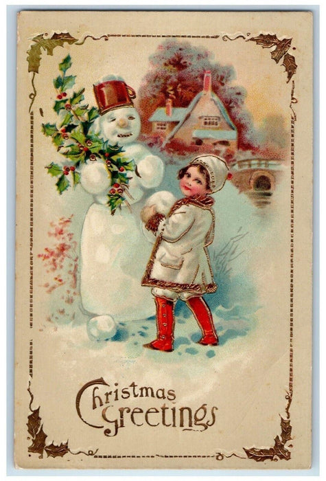 c1910's Christmas Greetings Snowman Boy Holly Berries Gel Gold Gilt Postcard