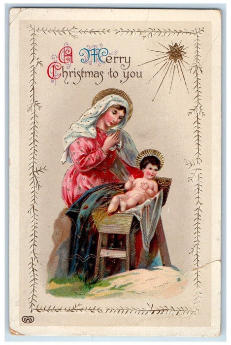 1915 Christmas Virgin Mary Religious Gel Gold Gilt West Alexandria OH Postcard