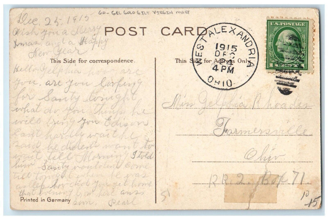 1915 Christmas Virgin Mary Religious Gel Gold Gilt West Alexandria OH Postcard