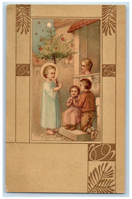 c1910's Christmas Girl Holding Christmas Tree Decorated Embossed Postcard