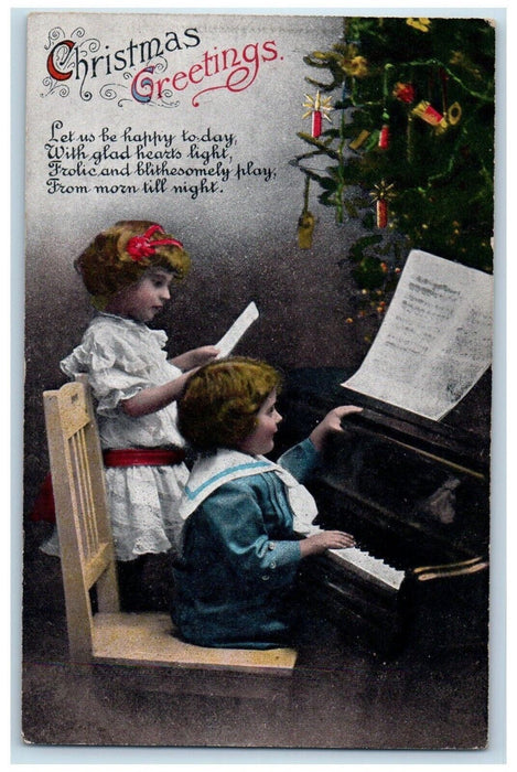 c1910's Christmas Tree Greetings Boy And Girl Playing Piano Antique Postcard