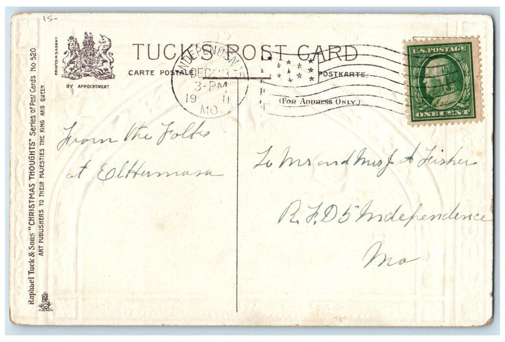 1911 Christmas Message Holly Berries Bells Embossed Tuck's Antique Postcard