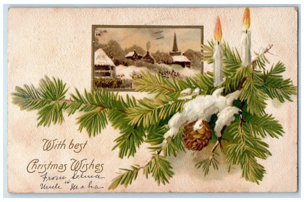 1908 Christmas Wishes Pine Cone Snow Candles Houses Embossed Antique Postcard