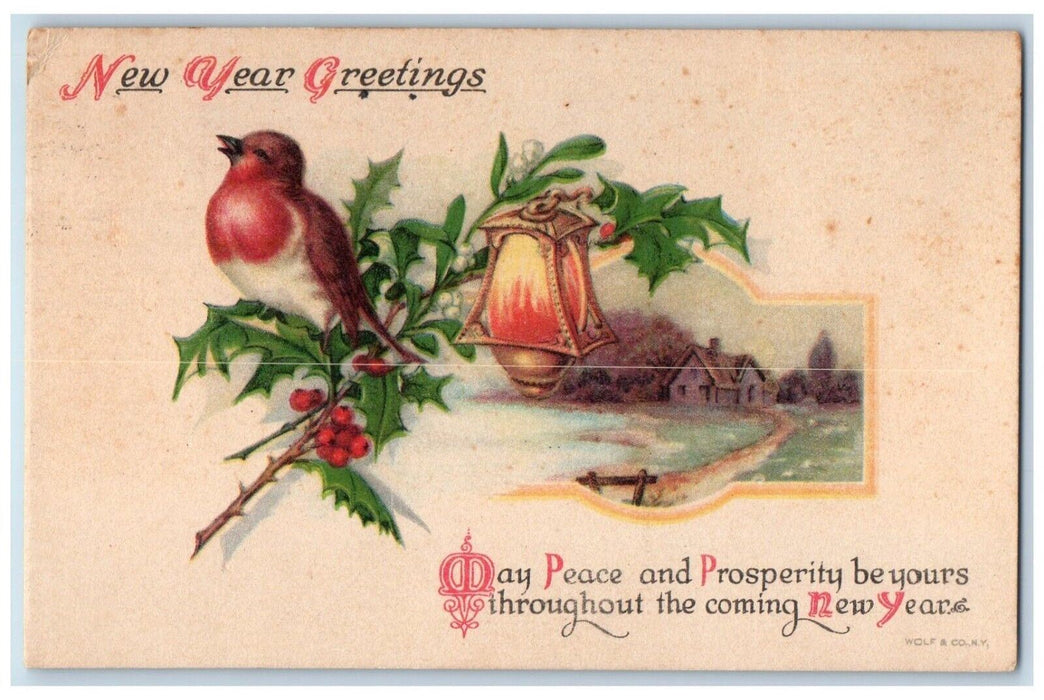 1921 New Year Greetings Song Bird Holly Lantern Embossed Wolf Seal Postcard