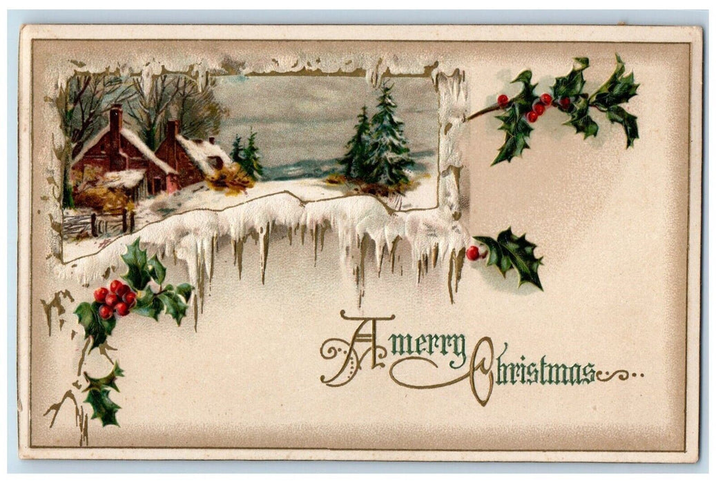 c1920's Christmas Holly Pine Trees Houses Winter Snow Winsch Back Seal Postcard