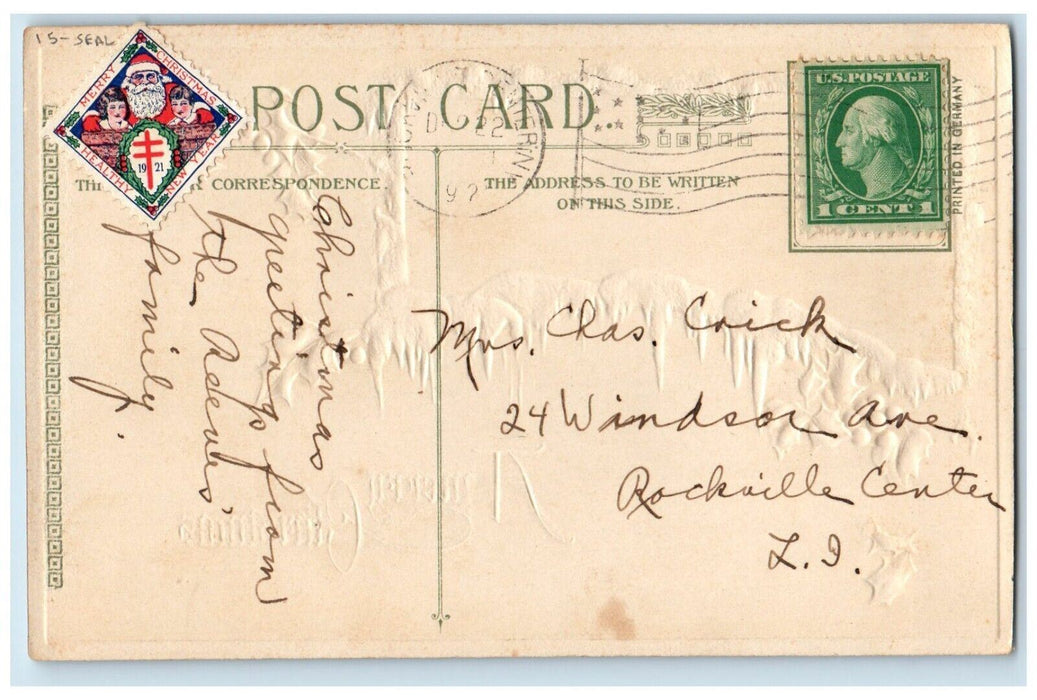 c1920's Christmas Holly Pine Trees Houses Winter Snow Winsch Back Seal Postcard