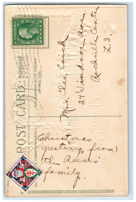 c1920's Christmas Holly Pine Trees Houses Winter Snow Winsch Back Seal Postcard