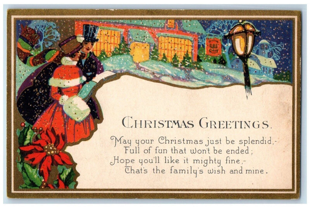 1929 Christmas Greetings Poinsettia Flowers Santa Girl Boy Snowfall Postcard