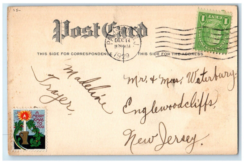 1929 Christmas Greetings Poinsettia Flowers Santa Girl Boy Snowfall Postcard