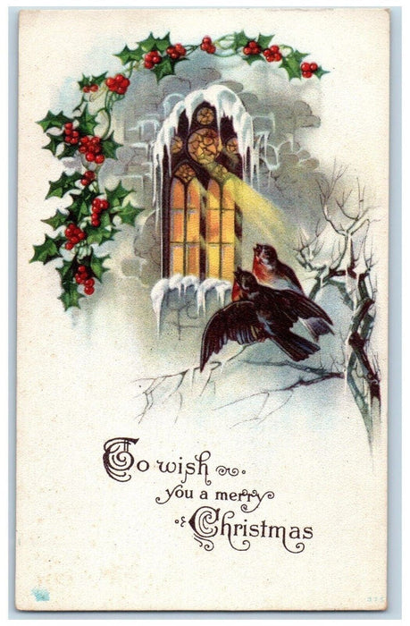 c1910's Christmas Song Birds At Window Holly Berries Antique Seal Postcard