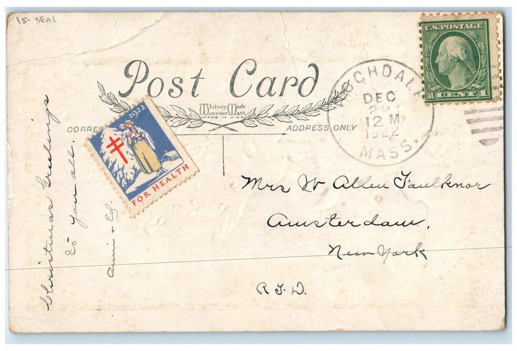 1922 Christmas Birds Winter Snowfall Rochdale Massachusetts MA Seal Postcard