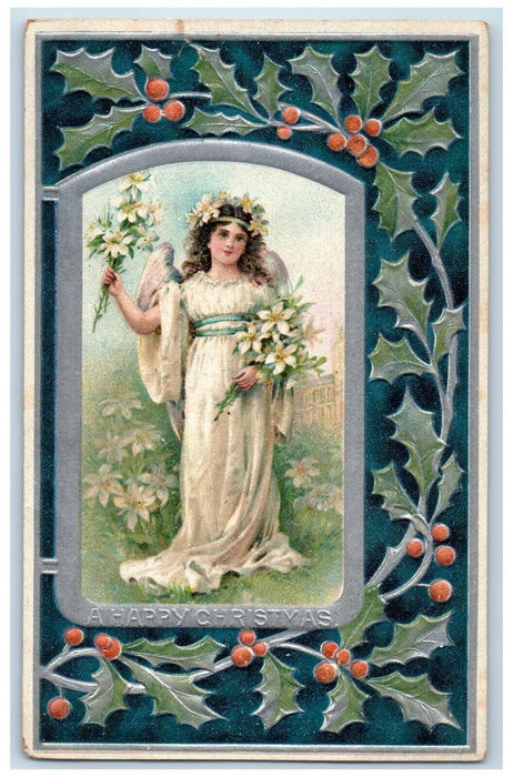 c1910's Christmas Pretty Angel White Lily Flowers Holly Berries Antique Postcard