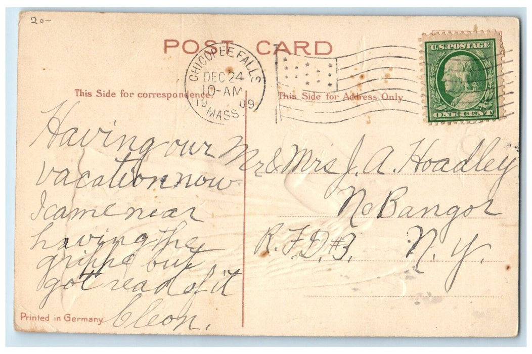 1909 Christmas Greetings Angel Lyre Cherubs Head Stars Embossed Antique Postcard