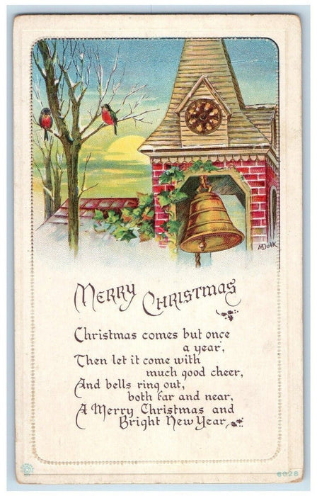 c1910's Christmas Holly Berries Bell Song Birds Embossed Antique Postcard