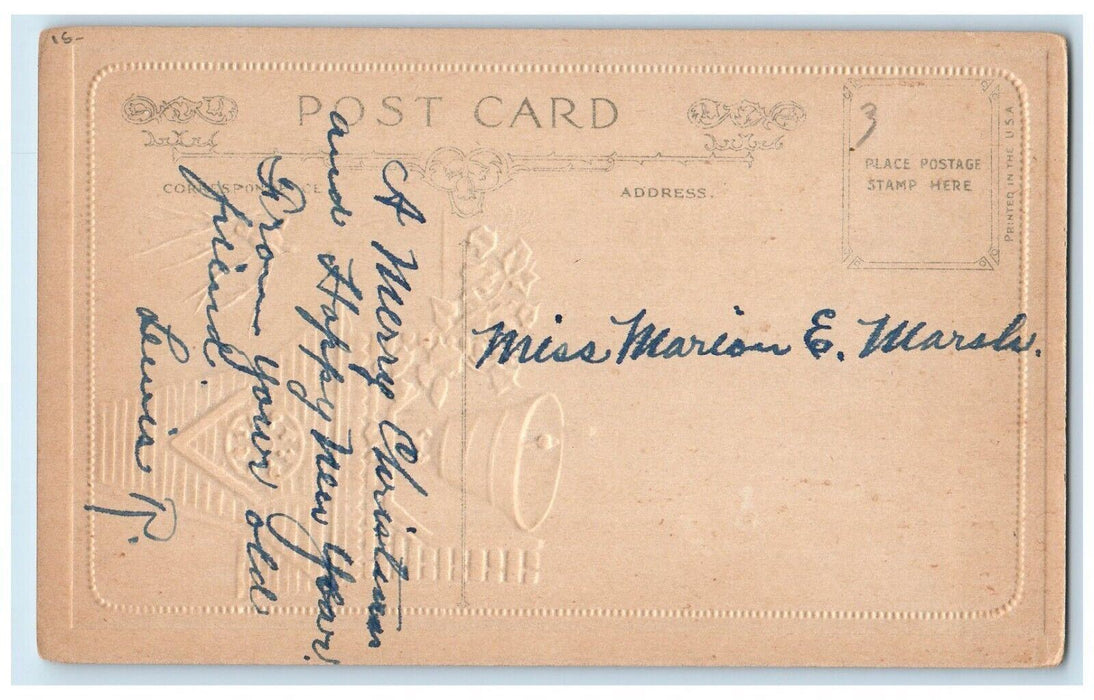 c1910's Christmas Holly Berries Bell Song Birds Embossed Antique Postcard