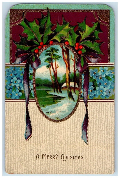 c1910's Christmas Holly Berries Ribbon Pansies Flowers Gel Gold Gilt Postcard