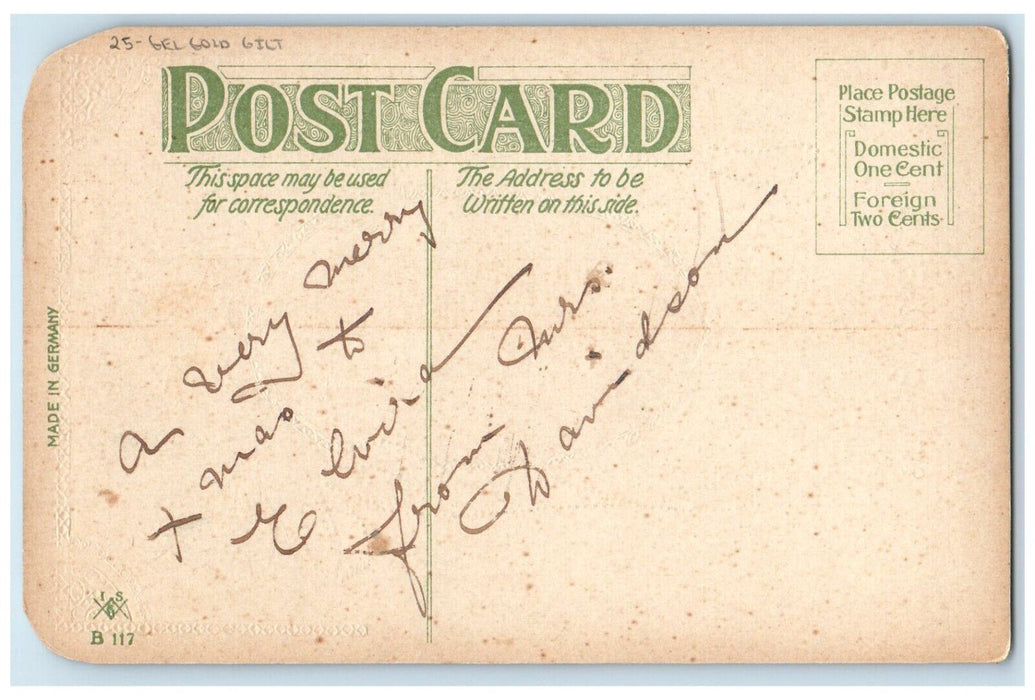 c1910's Christmas Holly Berries Ribbon Pansies Flowers Gel Gold Gilt Postcard