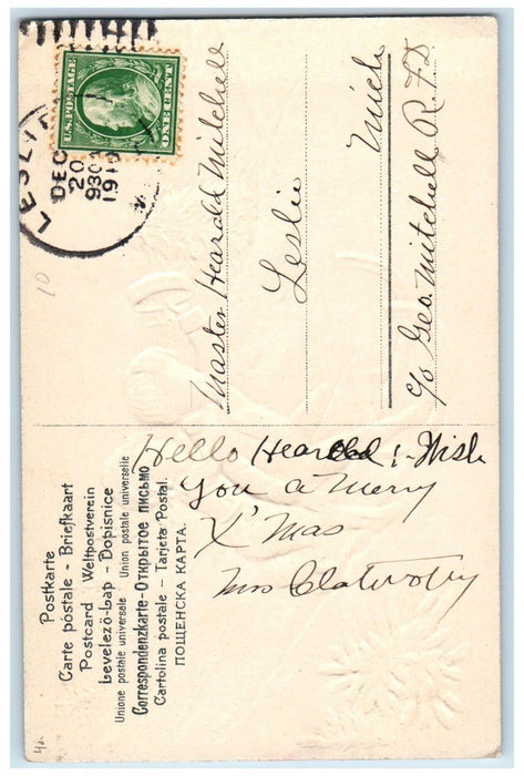c1910's Christmas Greetings Girl Boy Sledding Winter Snow Pine Trees Postcard