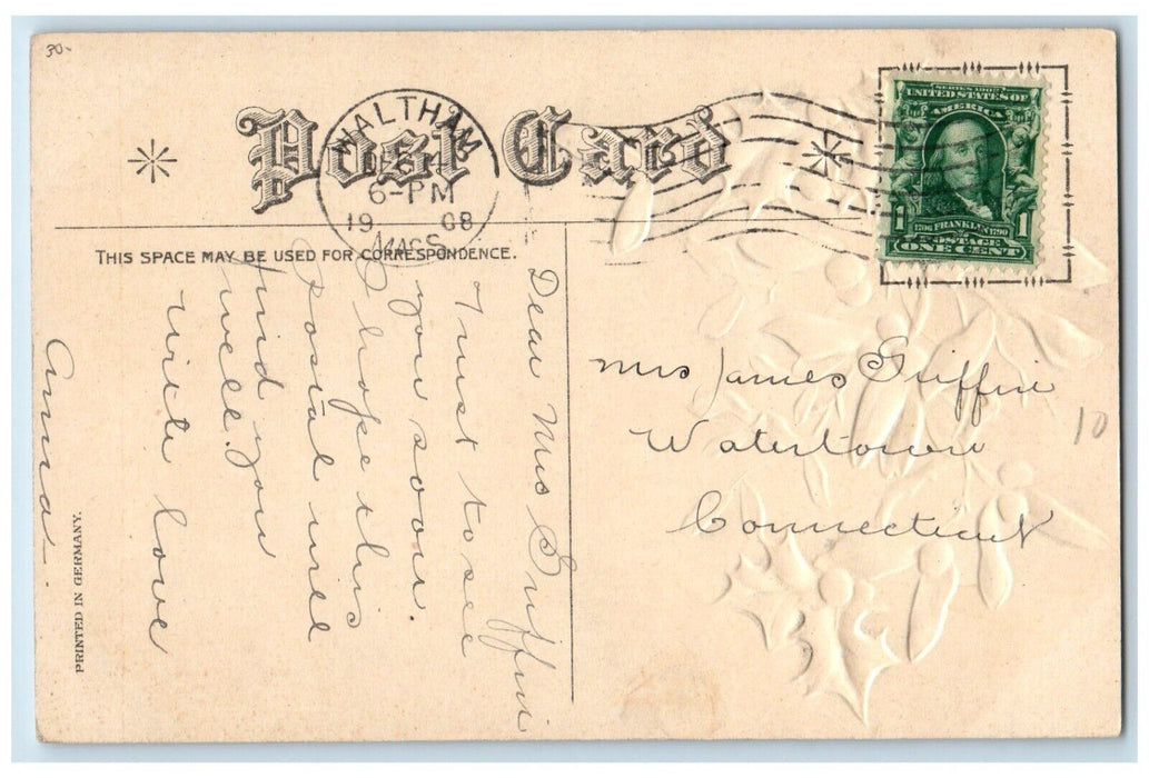 1908 Christmas Little Girls Holly Berries Pansies Flowers Embossed Postcard