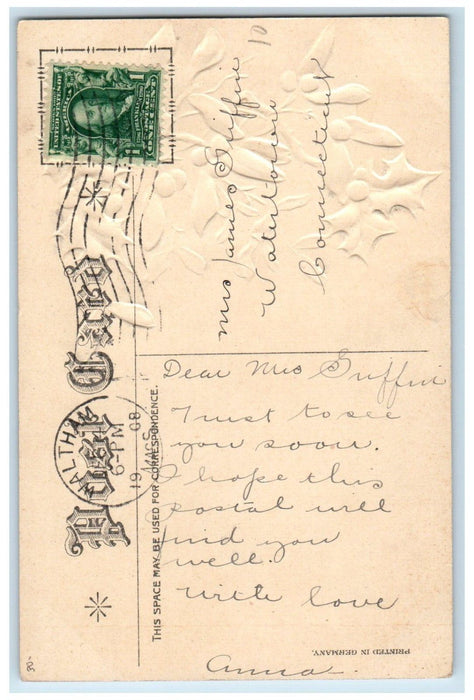 1908 Christmas Little Girls Holly Berries Pansies Flowers Embossed Postcard