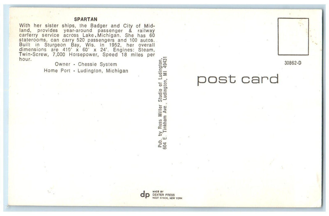 Spartan Steamer Ship Passenger Railway Carferry Ludington Michigan MI Postcard