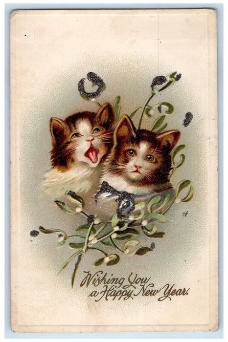 c1910's New Year Holly Cats Kitten Clapsaddle (?) Embossed Glitter Postcard