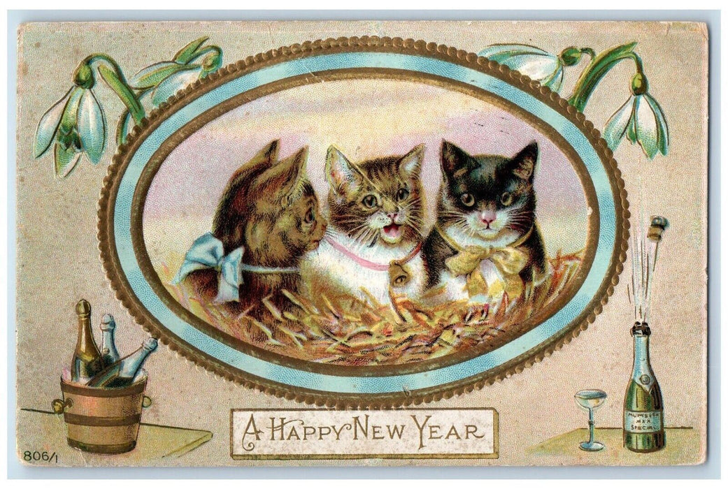 1911 New Year Cats Kitten Bottle Of Wines Lily Flowers Embossed Antique Postcard