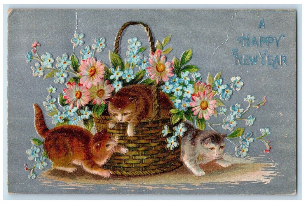 c1910's New Year Cats Kitten In Basket Pansies Flowers Embossed Antique Postcard