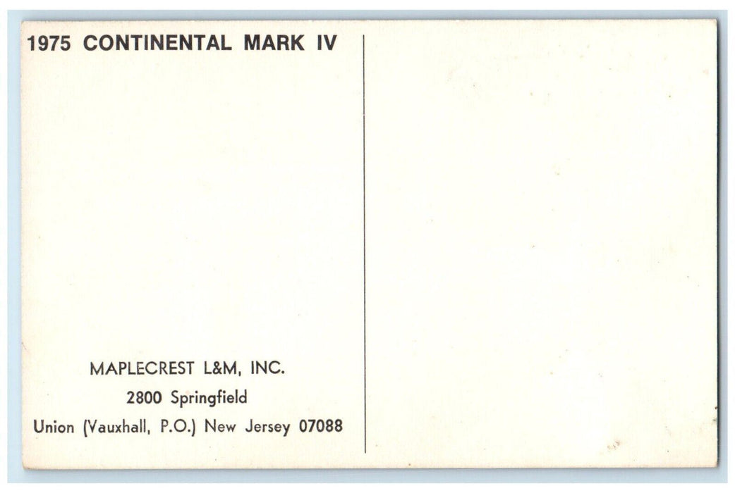 1975 Lincoln Continental Mark IV Car Sedan Springfield New Jersey NJ Postcard