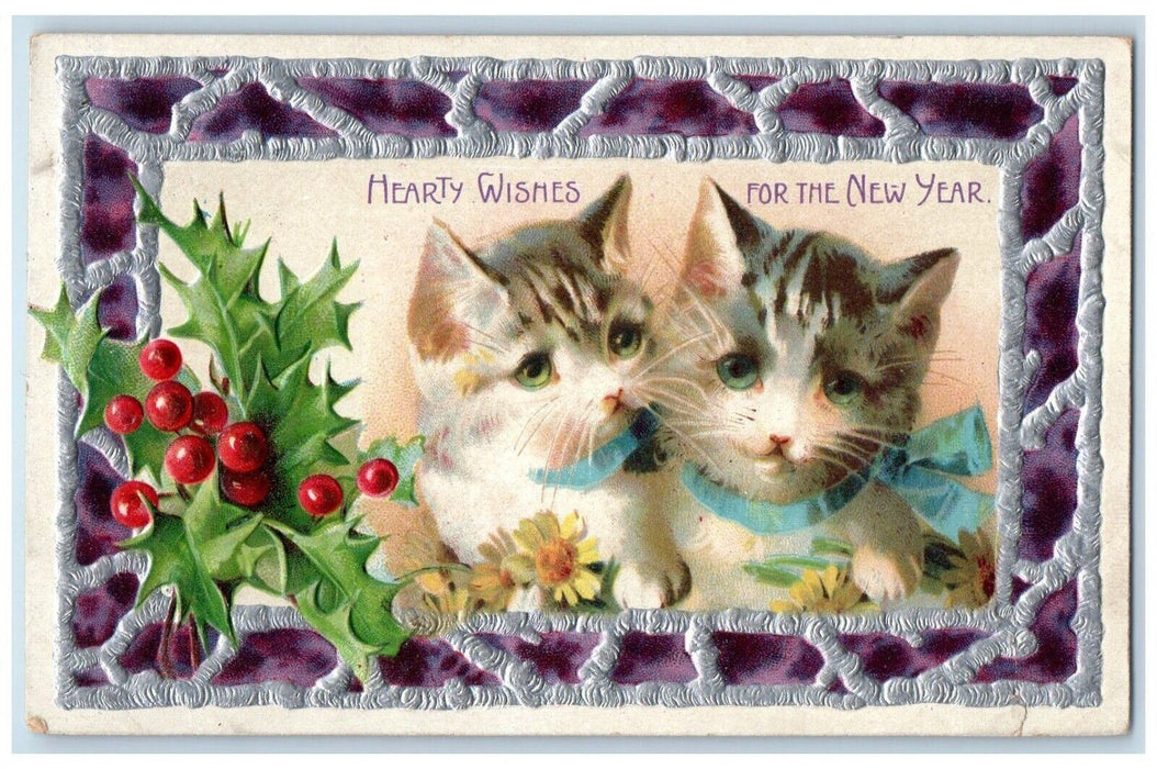 c1910's New Year Cute Cats Kitten Holly Berries Flowers Embossed Postcard