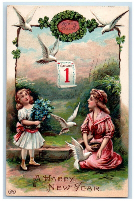 1910 New Year January 1 Dove Mother Daughter Pansies Flower Embossed Postcard