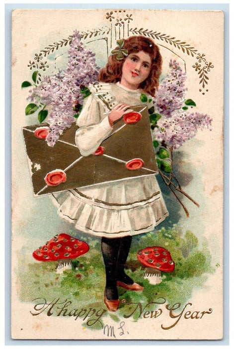 1908 New Year Girl Mushrooms Letter Pansies Flowers Embossed Antique Postcard