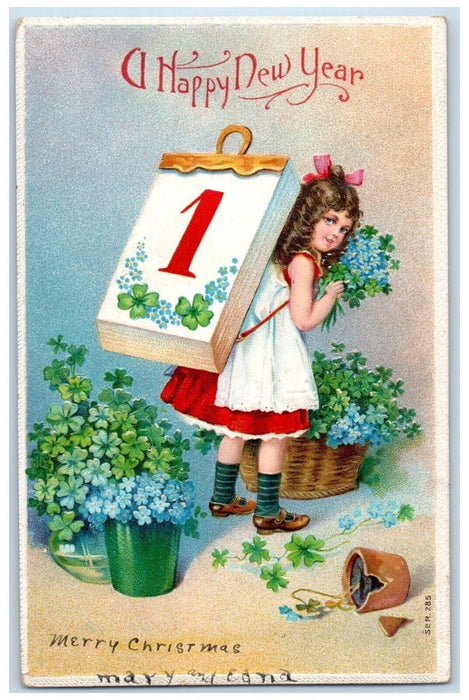 c1910's New Year Girl Number 1 Pansies Flowers Broken Pot Embossed Postcard