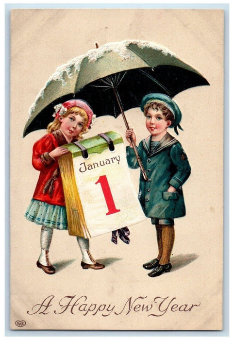 c1910's New Year January 1 Girls Umbrella Winter Snow Embossed Antique Postcard