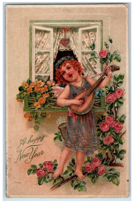 c1910's New Year Girl Playing Lute Flowers Embossed Posted Antique Postcard